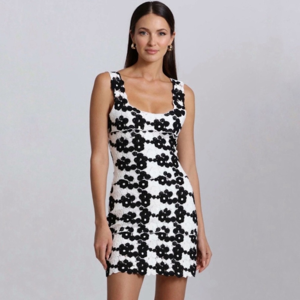 Avec Les Filles White Mini Dress with Black Floral Lace